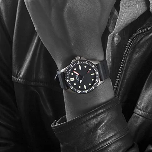 German military watch with black rubber wristband.
