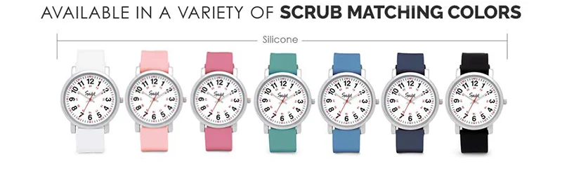 A variety of nurses watches with silicon wristlet in different colors, that suits any scrub matching colors.