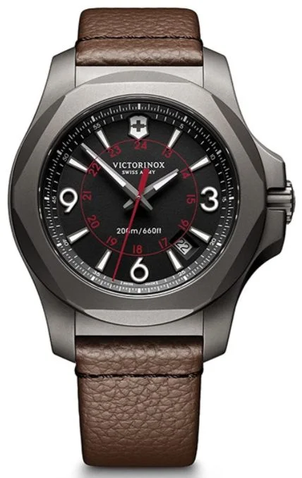 Victorinox Swiss-made timepiece in brown leather wristband.