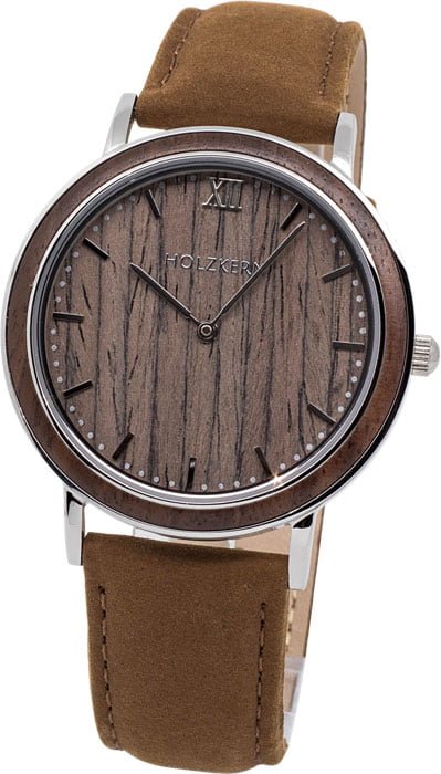 Holzkern Vondelpark  wooden watch with brown leather strap.